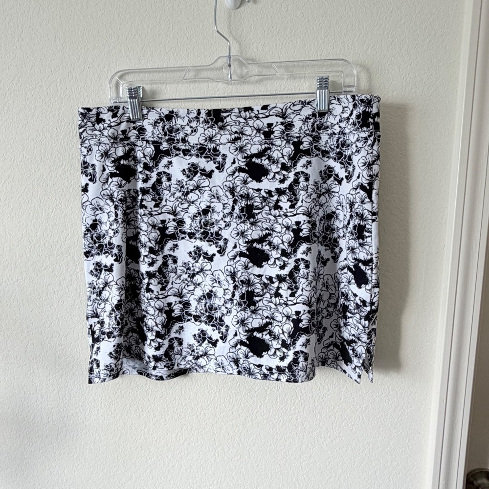 Black White Floral Tennis Skort Golf Athletic Workout Shorts Skirt Womens L